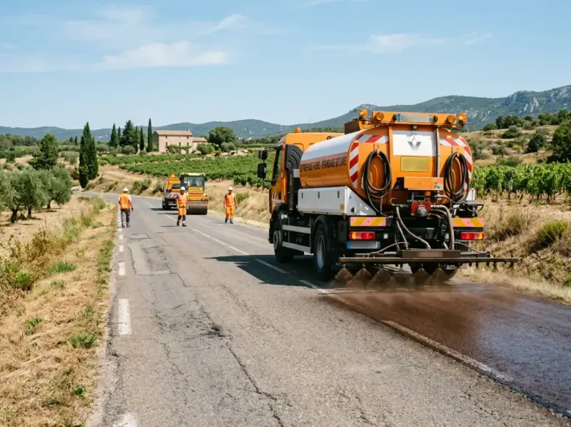 Application d'émulsion de bitume cationique sur chaussée par répandeuse lors d'un chantier d'entretien routier dans le sud de la France
